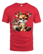 Cute Christmas Reindeer Gingerbread Joy Holiday T-Shirt - red t-shirt on white background
