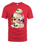Cute Dalmatian Puppy Stack With Sunglasses Fun T-Shirt - red t-shirt on white background