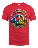 Colorful Peace Sign Headphones Music Vibes Graphic T-Shirt - red t-shirt on white background
