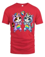 Cute Unicorn Cat Duo Rainbow Playtime Kawaii T-Shirt - red t-shirt on white background