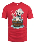 Cute Dalmatian Puppy Bubble Bath Fun Graphic T-Shirt - red t-shirt on white background