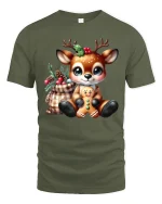 Cute Christmas Reindeer Gingerbread Joy Holiday T-Shirt - military green t-shirt on white background