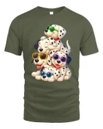 Cute Dalmatian Puppy Stack With Sunglasses Fun T-Shirt - military green t-shirt on white background