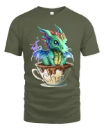 Cute Baby Dragon in Chai Cup Fantasy Magic Graphic T-Shirt - military green t-shirt on white background