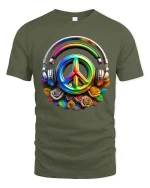 Colorful Peace Sign Headphones Music Vibes Graphic T-Shirt - military green t-shirt on white background