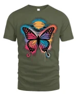 Colorful Butterfly Sunset Splash Artistic Graphic T-Shirt - military green t-shirt on white background