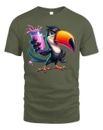 Funny Toucan With Pink Drink Tropical Vibes Graphic T-Shirt - military green t-shirt on white background