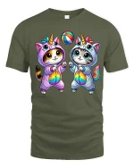 Cute Unicorn Cat Duo Rainbow Playtime Kawaii T-Shirt - military green t-shirt on white background