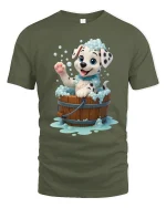 Cute Dalmatian Puppy Bubble Bath Fun Graphic T-Shirt - military green t-shirt on white background