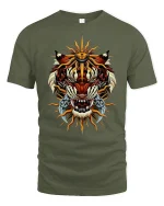 Majestic Sun Tiger Warrior Tribal Power Graphic T-Shirt - military green t-shirt on white background