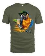 Cool Parrot Cocktail Vibes Tropical Party Graphic T-Shirt - military green t-shirt on white background