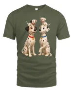 Cute Dalmatian Family Puppy Playtime Cartoon T-Shirt - military green t-shirt on white background