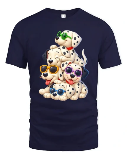 Cute Dalmatian Puppy Stack With Sunglasses Fun T-Shirt - navy t-shirt on white background