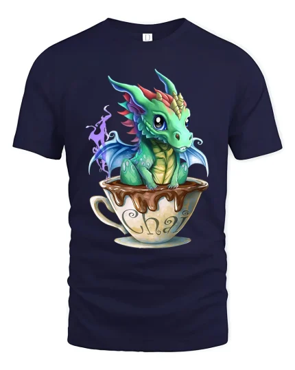 Cute Baby Dragon in Chai Cup Fantasy Magic Graphic T-Shirt - navy t-shirt on white background