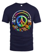 Colorful Peace Sign Headphones Music Vibes Graphic T-Shirt - navy t-shirt on white background