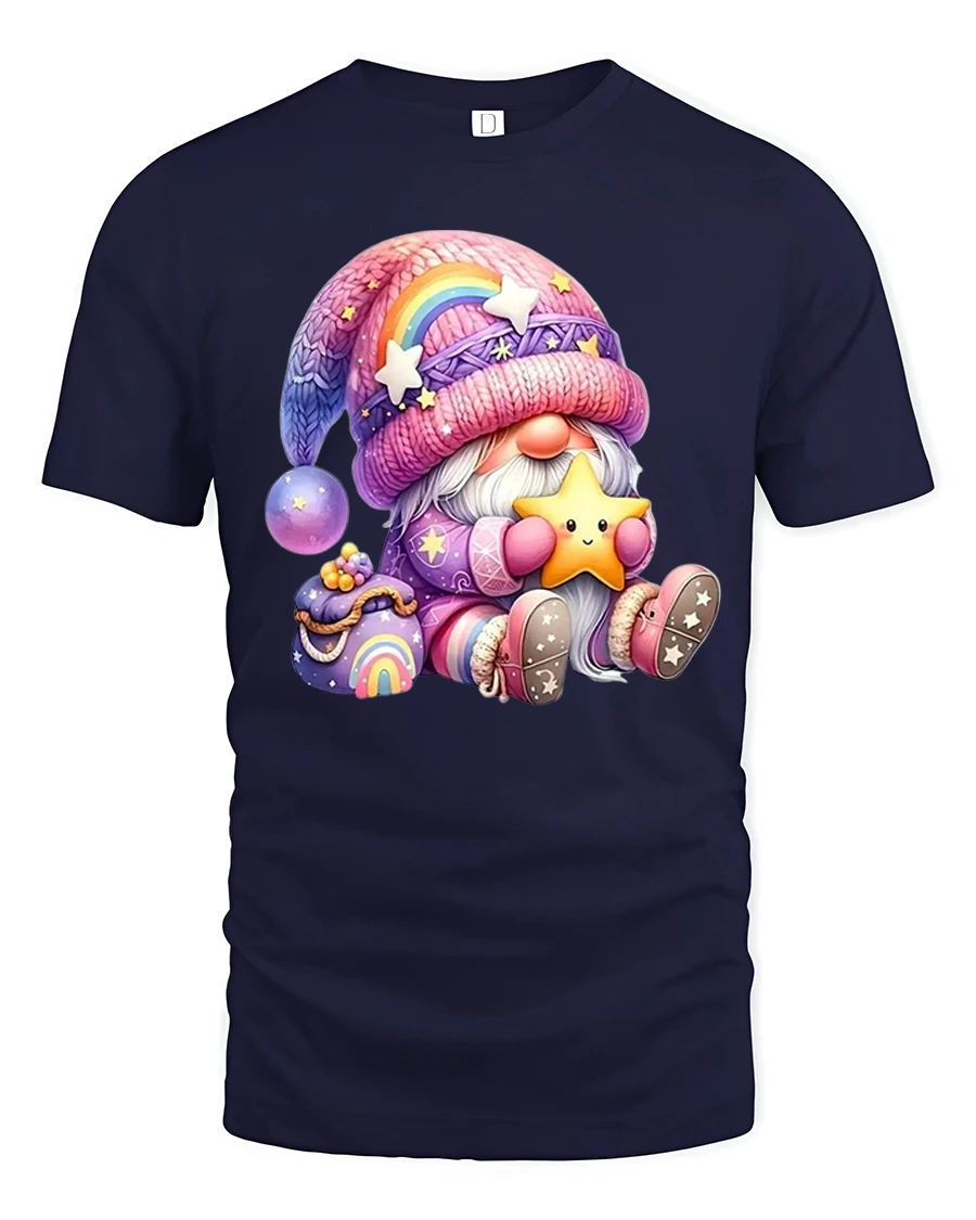 Cute Rainbow Gnome Star Hug Kawaii Magic Graphic T-Shirt - 1 Cute Rainbow Gnome Star Hug Kawaii Magic Graphic T-Shirt - navy t-shirt on white background