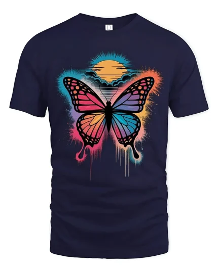 Colorful Butterfly Sunset Splash Artistic Graphic T-Shirt - navy t-shirt on white background