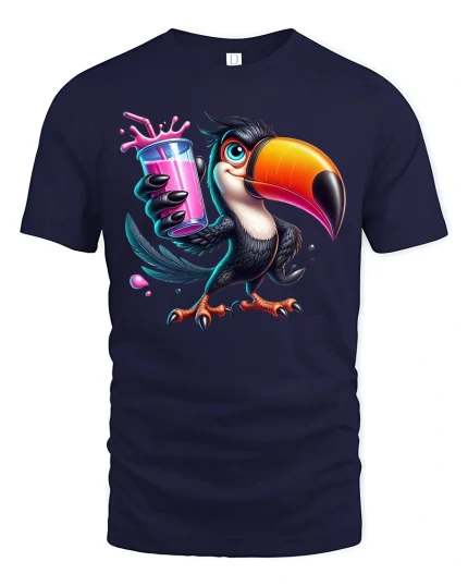 Funny Toucan With Pink Drink Tropical Vibes Graphic T-Shirt - navy t-shirt on white background