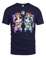 Cute Unicorn Cat Duo Rainbow Playtime Kawaii T-Shirt - navy t-shirt on white background