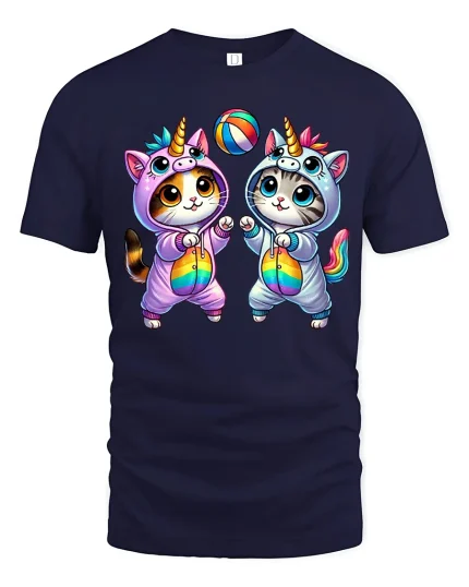 Cute Unicorn Cat Duo Rainbow Playtime Kawaii T-Shirt - navy t-shirt on white background