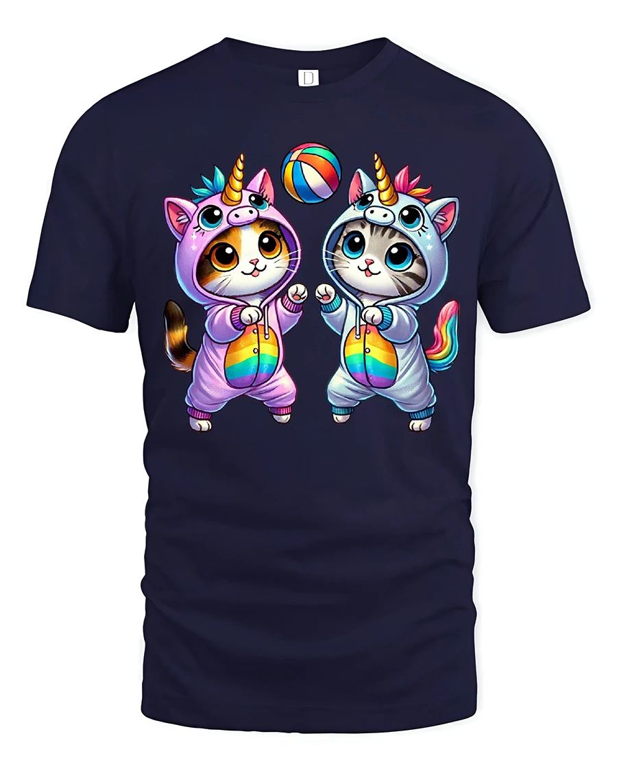 Cute Unicorn Cat Duo Rainbow Playtime Kawaii T-Shirt - 1 Cute Unicorn Cat Duo Rainbow Playtime Kawaii T-Shirt - navy t-shirt on white background