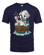 Cute Dalmatian Puppy Bubble Bath Fun Graphic T-Shirt - navy t-shirt on white background