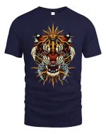 Majestic Sun Tiger Warrior Tribal Power Graphic T-Shirt - navy t-shirt on white background