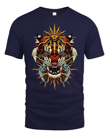Majestic Sun Tiger Warrior Tribal Power Graphic T-Shirt - navy t-shirt on white background