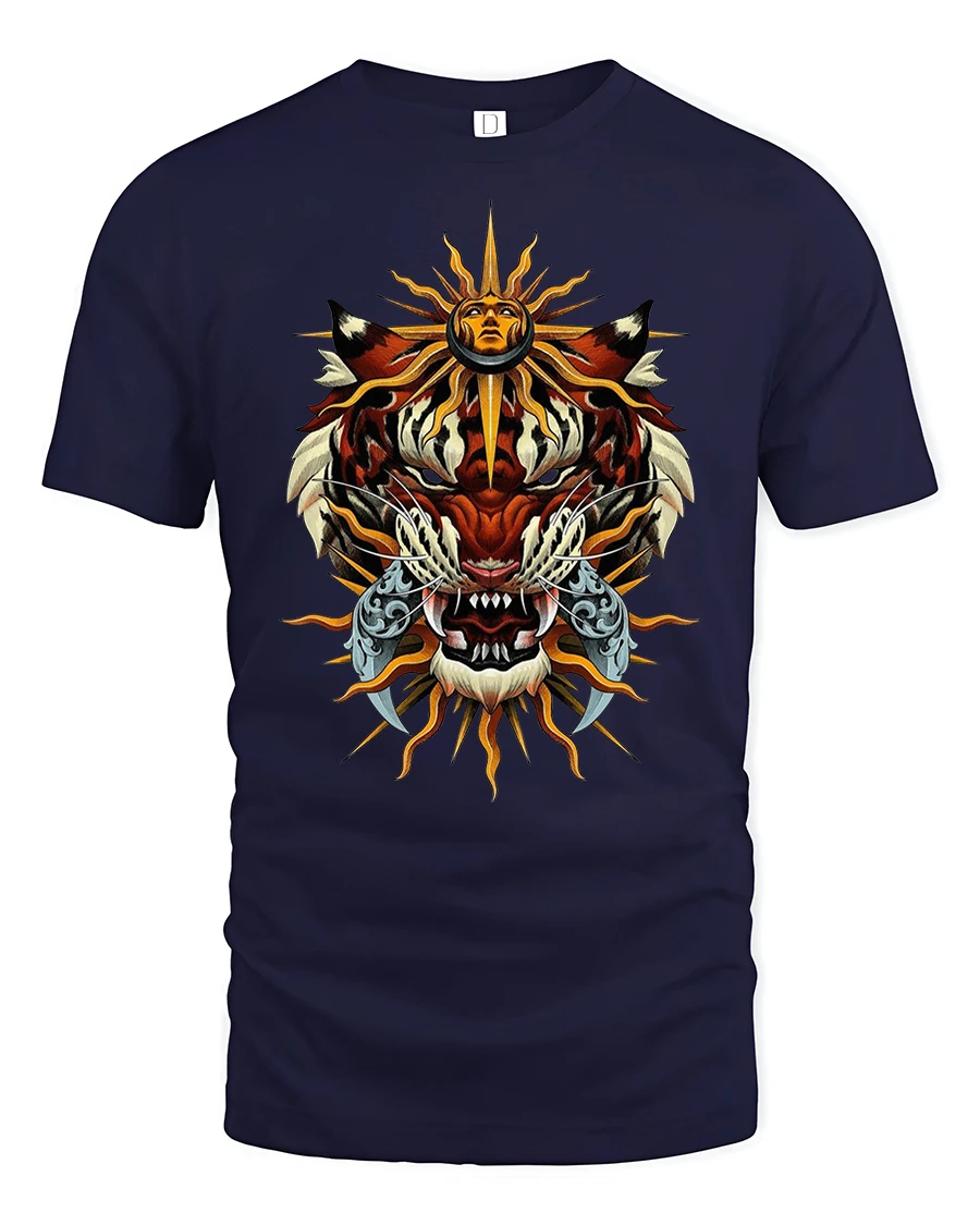 Majestic Sun Tiger Warrior Tribal Power Graphic T-Shirt - 1 Majestic Sun Tiger Warrior Tribal Power Graphic T-Shirt - navy t-shirt on white background
