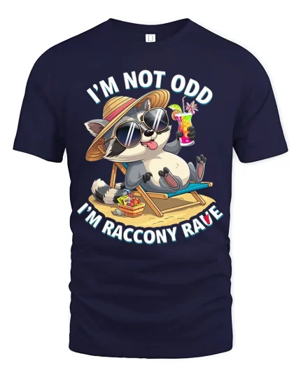 Funny Raccoon Vacation I’m Racc Onny Rave Relax Tee - navy t-shirt on white background