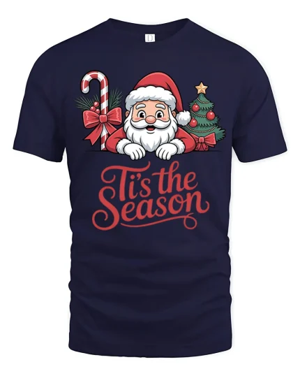 Cute Santa Tis the Season Christmas Cheer Graphic T-Shirt - navy t-shirt on white background