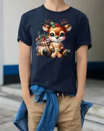 Cute Christmas Reindeer Gingerbread Joy Holiday T-Shirt - model wearing navy tee with hands in pockets