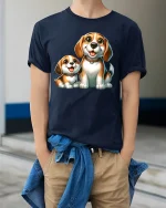 Cute Beagle Dog Family Happy Puppy Friends Graphic T-Shirt - model wearing navy tee with hands in pockets