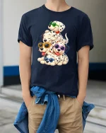 Cute Dalmatian Puppy Stack With Sunglasses Fun T-Shirt - model wearing navy tee with hands in pockets