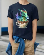 Cute Baby Dragon in Chai Cup Fantasy Magic Graphic T-Shirt - model wearing navy tee with hands in pockets