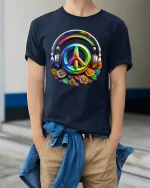 Colorful Peace Sign Headphones Music Vibes Graphic T-Shirt - model wearing navy tee with hands in pockets