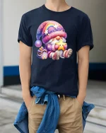 Cute Rainbow Gnome Star Hug Kawaii Magic Graphic T-Shirt - model wearing navy tee with hands in pockets