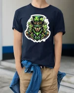 Fierce Leprechaun Shamrock Warrior St Patrick Graphic T-Shirt - model wearing navy tee with hands in pockets