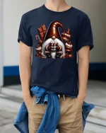 Cute Chocolate Gnome Dessert Lover Sweet Treats T-Shirt - model wearing navy tee with hands in pockets