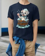 Cute Dalmatian Puppy Bubble Bath Fun Graphic T-Shirt - model wearing navy tee with hands in pockets