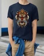 Majestic Sun Tiger Warrior Tribal Power Graphic T-Shirt - model wearing navy tee with hands in pockets