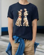 Cute Dalmatian Family Puppy Playtime Cartoon T-Shirt - model wearing navy tee with hands in pockets