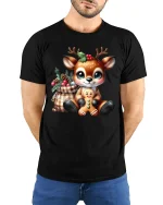 Cute Christmas Reindeer Gingerbread Joy Holiday T-Shirt - model wearing black tee with hands behind back