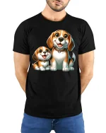 Cute Beagle Dog Family Happy Puppy Friends Graphic T-Shirt - model wearing black tee with hands behind back