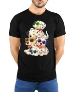 Cute Dalmatian Puppy Stack With Sunglasses Fun T-Shirt - model wearing black tee with hands behind back