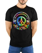 Colorful Peace Sign Headphones Music Vibes Graphic T-Shirt - model wearing black tee with hands behind back