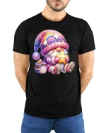 Cute Rainbow Gnome Star Hug Kawaii Magic Graphic T-Shirt - model wearing black tee with hands behind back
