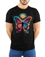 Colorful Butterfly Sunset Splash Artistic Graphic T-Shirt - model wearing black tee with hands behind back
