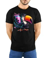 Funny Toucan With Pink Drink Tropical Vibes Graphic T-Shirt - model wearing black tee with hands behind back