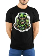Fierce Leprechaun Shamrock Warrior St Patrick Graphic T-Shirt - model wearing black tee with hands behind back